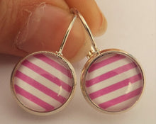 Load image into Gallery viewer, Pink &amp; White Stripes - Silver Tone Dome Earrings on Lever Back Hooks
