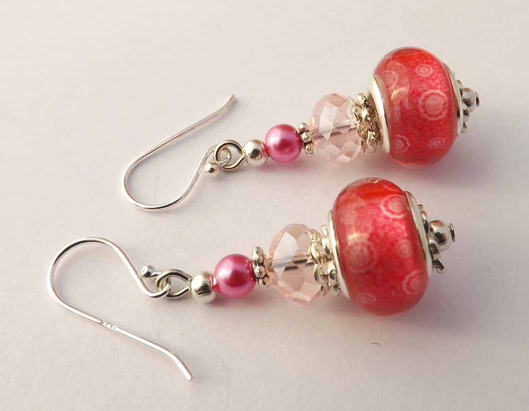 Pink and Clear Acrylic Bead Earrings on Sterling Silver Hooks