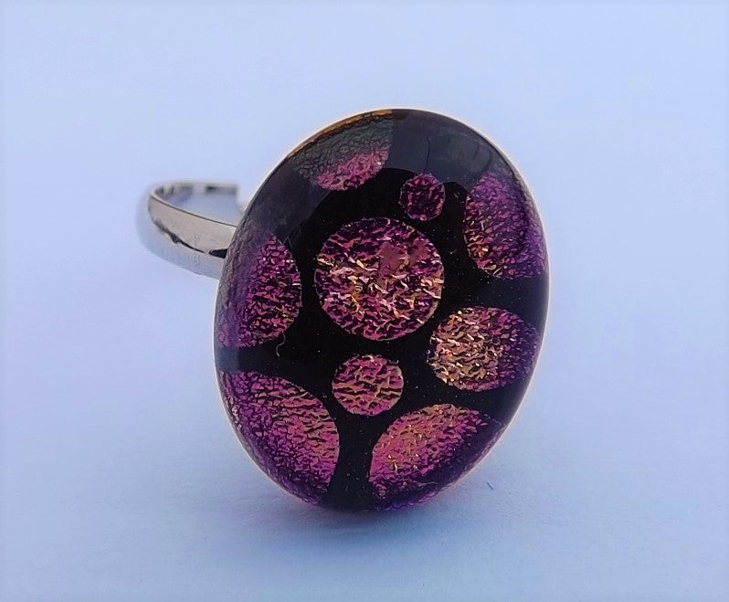 Pink on Black Dichroic Glass Ring (adjustable)