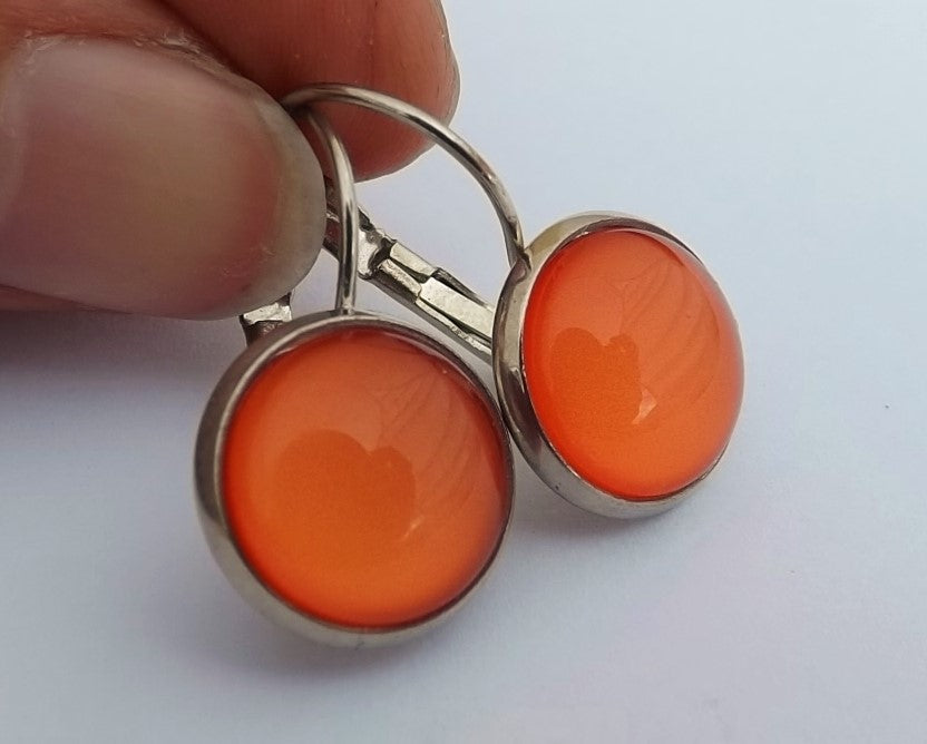 Plain Orange - Dome Earrings on Lever Back Hooks