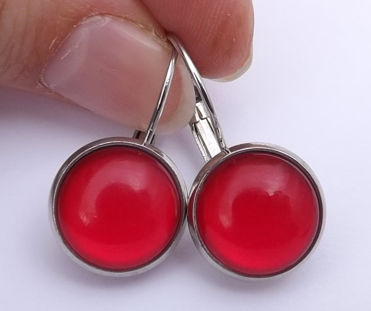 Plain Red Dome Earrings on Lever Back Hooks