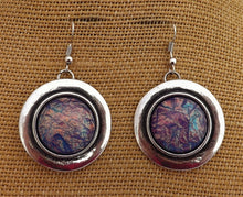 Load image into Gallery viewer, Purple Crunched Metallic Look, Silver Tone Round Earrings
