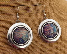 Load image into Gallery viewer, Purple Crunched Metallic Look, Silver Tone Round Earrings
