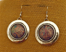 Load image into Gallery viewer, Purple Crunched Metallic Look, Silver Tone Round Earrings
