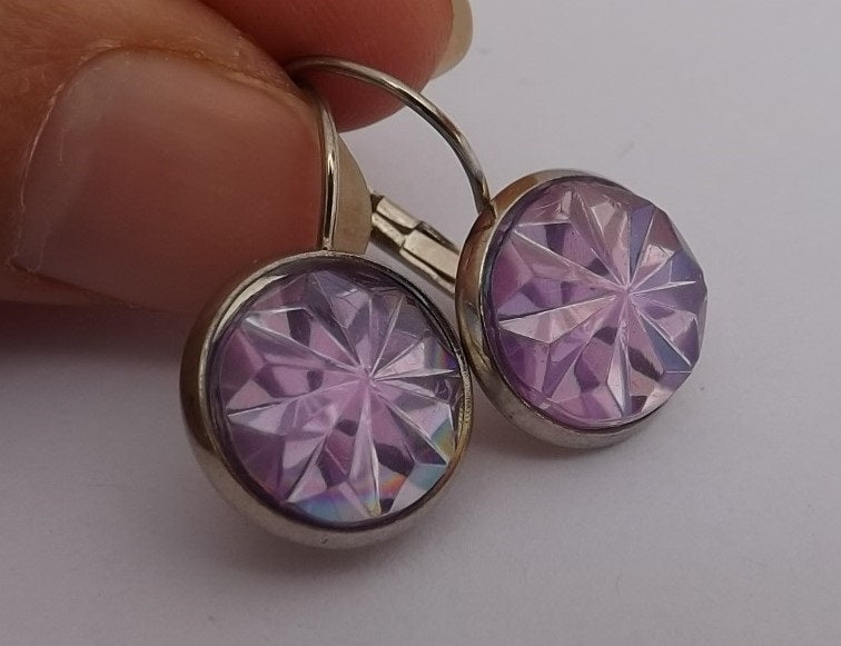 Purple Faceted Star Earrings on Lever Back Hooks