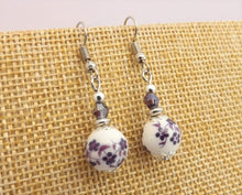 Load image into Gallery viewer, Purple Flowers on White Bead Earrings
