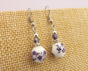 Purple Flowers on White Bead Earrings