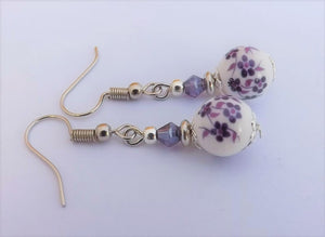 Purple Flowers on White Bead Earrings