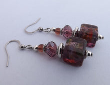 Load image into Gallery viewer, Purple Foil Handmade Glass Square Bead Earrings

