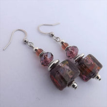 Load image into Gallery viewer, Purple Foil Handmade Glass Square Bead Earrings
