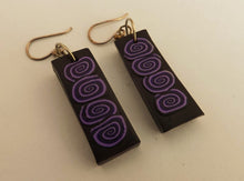 Load image into Gallery viewer, Purple Koru on Black, Handmade Polymer Clay Earrings on Sterling Silver Hooks
