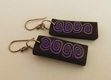 Load image into Gallery viewer, Purple Koru on Black, Handmade Polymer Clay Earrings on Sterling Silver Hooks
