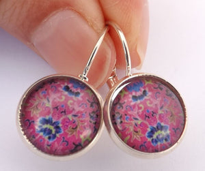 Purple Pattern Handmade Dome Earrings on Lever back hooks