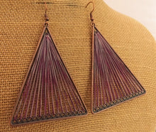 Load image into Gallery viewer, Purple Stretched Cord in Copper Tone Triangle, Drop Earrings
