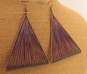 Purple Stretched Cord in Copper Tone Triangle, Drop Earrings