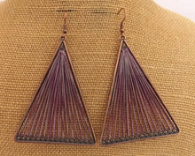 Load image into Gallery viewer, Purple Stretched Cord in Copper Tone Triangle, Drop Earrings
