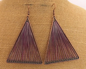 Purple Stretched Cord in Copper Tone Triangle, Drop Earrings
