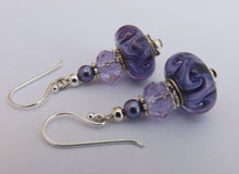 Load image into Gallery viewer, Purple Swirl Art Glass Bead Earrings  on Sterling Silver Hooks
