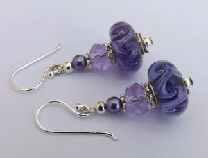 Purple Swirl Art Glass Bead Earrings  on Sterling Silver Hooks