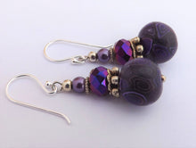 Load image into Gallery viewer, Purple &amp; Black Kathryn Design Bead Earrings on Sterling Silver Hooks
