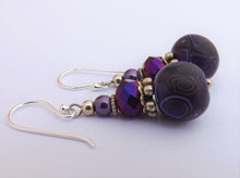 Load image into Gallery viewer, Purple &amp; Black Kathryn Design Bead Earrings on Sterling Silver Hooks
