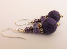 Load image into Gallery viewer, Purple &amp; Black Kathryn Design Bead Earrings on Sterling Silver Hooks
