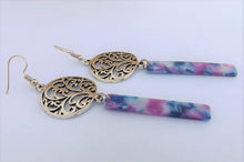 Load image into Gallery viewer, Purple &amp; Blue Acrylic, Silver Tone Drop Earrings
