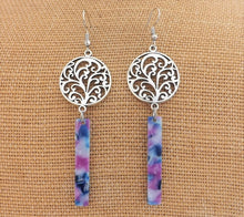 Load image into Gallery viewer, Purple &amp; Blue Acrylic, Silver Tone Drop Earrings
