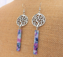 Load image into Gallery viewer, Purple &amp; Blue Acrylic, Silver Tone Drop Earrings
