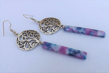 Load image into Gallery viewer, Purple &amp; Blue Acrylic, Silver Tone Drop Earrings
