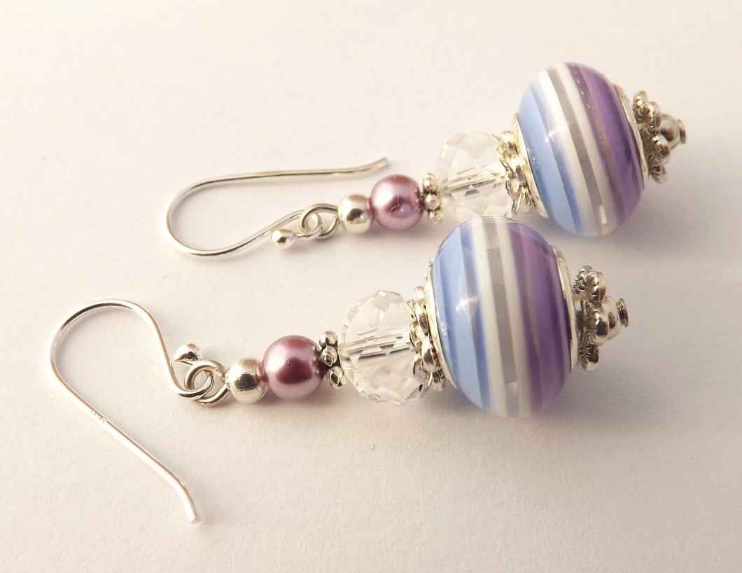 Purple & Blue Striped Acrylic Bead Earrings on Sterling Silver Hooks