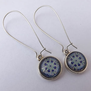 Purple & Blue Dome Earrings on Long Silver Tone Kidney Hooks