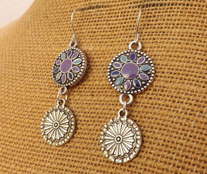 Purple, Blue & Silver Tone Round Dotted Drop Earrings