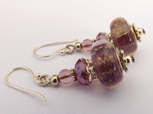 Purple & Gold Fleck Art Glass Bead Earrings on Sterling Silver Hooks