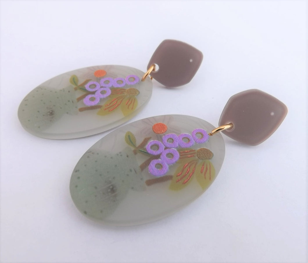 Purple, Grey, Green & Orange Flowers in a Vase, Acrylic Earrings