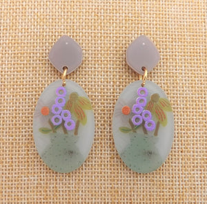 Purple, Grey, Green & Orange Flowers in a Vase, Acrylic Earrings