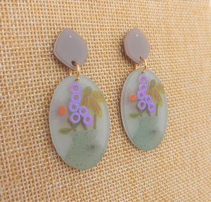 Purple, Grey, Green & Orange Flowers in a Vase, Acrylic Earrings