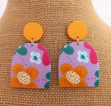 Load image into Gallery viewer, Purple, Orange &amp; Green Floral Acrylic Earrings
