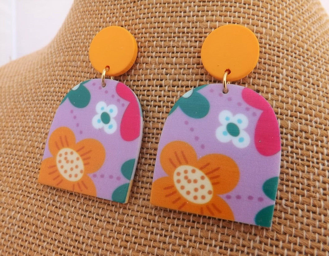 Purple, Orange & Green Floral Acrylic Earrings