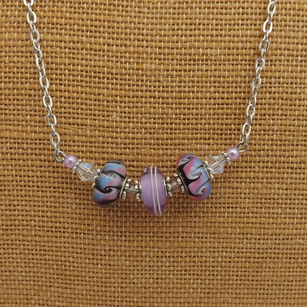 Purple, Pink, Blue & Black Handmade Art Glass Bead Necklace