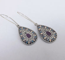 Load image into Gallery viewer, Purple, Pink, Blue &amp; Silver Tone Teardrop Dotted Earrings on Long Kidney Hooks

