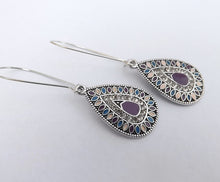 Load image into Gallery viewer, Purple, Pink, Blue &amp; Silver Tone Teardrop Dotted Earrings on Long Kidney Hooks
