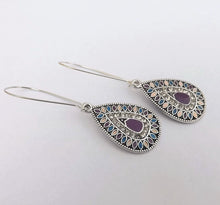 Load image into Gallery viewer, Purple, Pink, Blue &amp; Silver Tone Teardrop Dotted Earrings on Long Kidney Hooks
