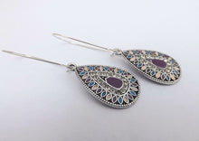 Load image into Gallery viewer, Purple, Pink, Blue &amp; Silver Tone Teardrop Dotted Earrings on Long Kidney Hooks
