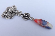 Load image into Gallery viewer, Purple &amp; Red Acrylic Teardrop, Silver Tone Flower, Pendant Necklace
