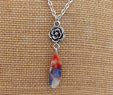 Load image into Gallery viewer, Purple &amp; Red Acrylic Teardrop, Silver Tone Flower, Pendant Necklace
