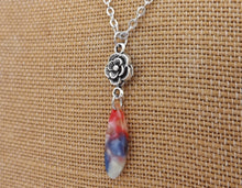 Load image into Gallery viewer, Purple &amp; Red Acrylic Teardrop, Silver Tone Flower, Pendant Necklace
