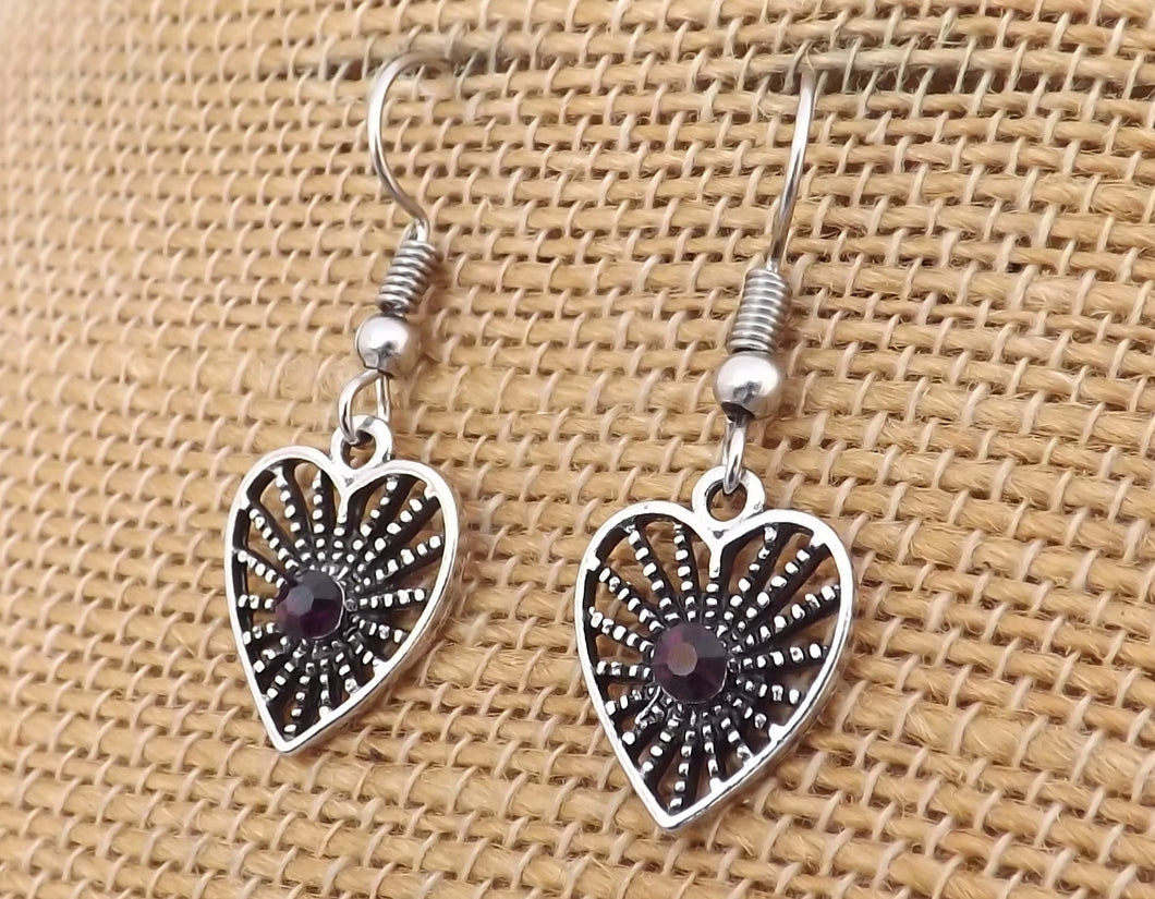 Purple & Silver Tone Heart Tone Drop Earrings