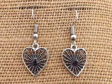 Load image into Gallery viewer, Purple &amp; Silver Tone Heart Tone Drop Earrings
