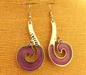 Purple & Silver Tone Koru Pendant Necklace & Earrings Set